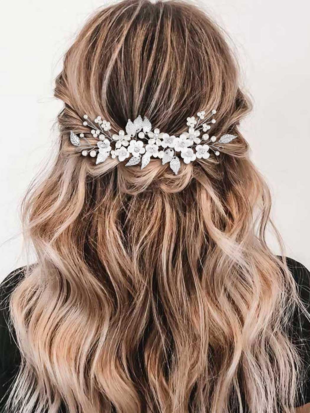 Photo 1 of Gorais Flower Bride Wedding Hair Vine Silver Pearl Bridal Headpiece Floral Leaf Hair Piece Hair Accessories for Women and Girls