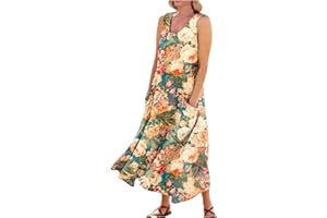 HXHYQKP Plus Size Dresses for Curvy Women Sleeveless Summer Dresses Casual Baggy Flowy Maxi Sun Dresses Pocket