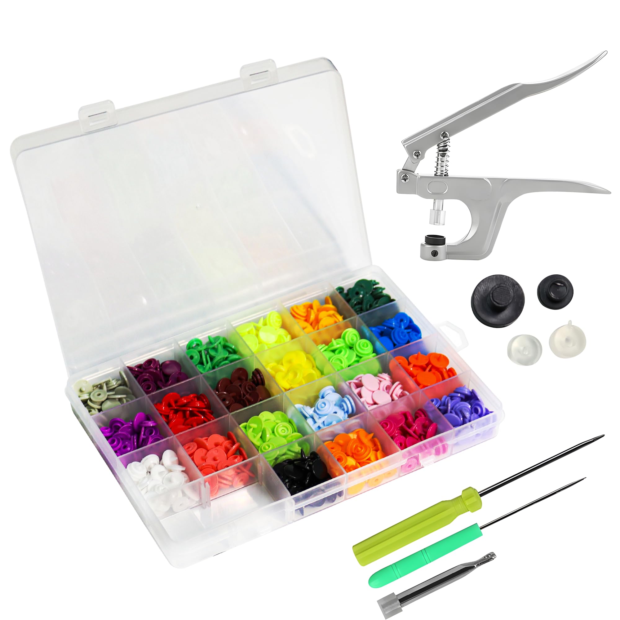 Trimming Shop 220 Sets Plastic Snaps Set with Snap Press Pliers, T3 No-Sew KAM Snap Starter Kit 22 Colors Poppers DIY Studs with Clear Storage Box for Woollen Clothing Kid Wear Fabrics Nappies Bibs