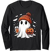 Cute Ghost Drinking Coffee Halloween Ghost Ice Coffee Womens Long Sleeve T-Shirt
