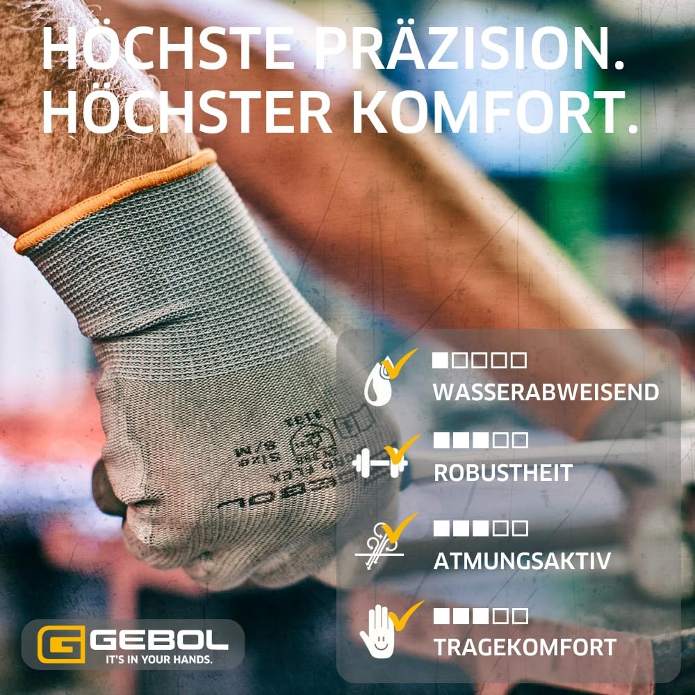 Gebol Nano Flex, 1 Paar Arbeitshandschuhe Herren, atmungsaktive Montagehandschuhe mit PU-Beschichtung für präzises Feingefühl und Griffsicherheit, Gr. L/9, Grau 4