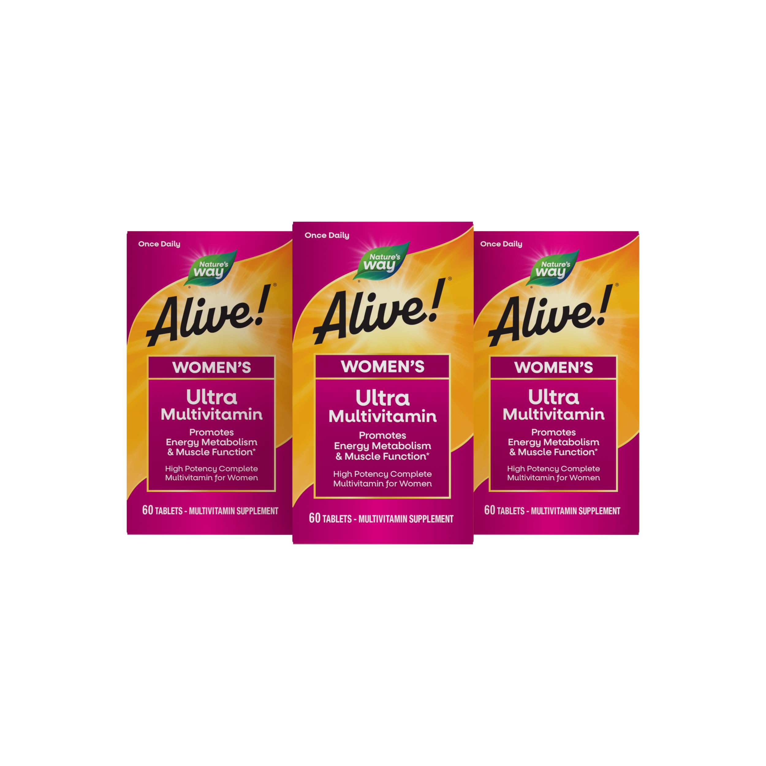 Nature’s Way Alive! Ultra Complete Daily Multivitamin for Women, High Potency Formula, Promotes Energy Metabolism and Muscle Function*, Vitamin A, C, D, Methylated B12, 60 Tablets (Set of 3)