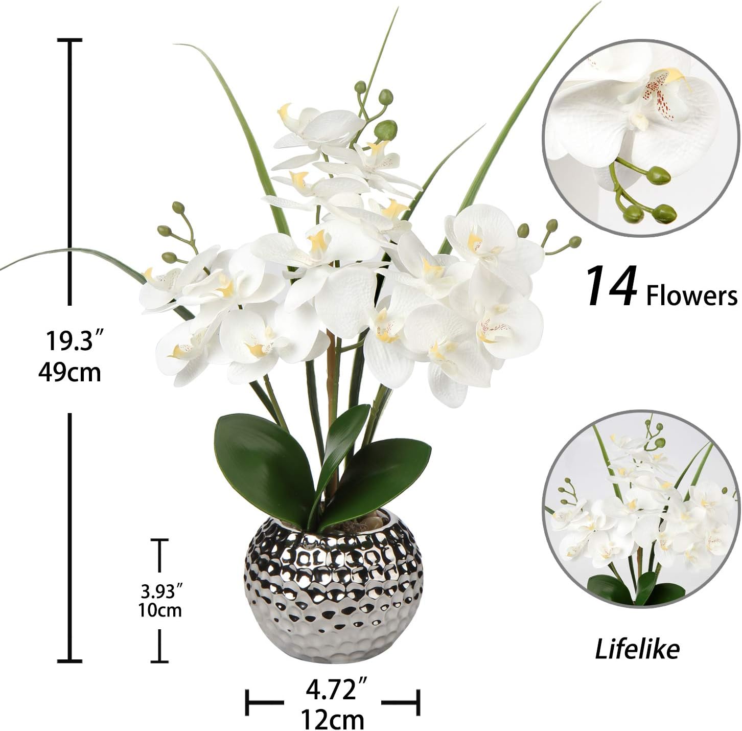 Briful 20.8" Artificial Flowers Orchid Plant Real Touch Phalaenopsis in Ceramic Silver Pot for Wedding Dinning Table Centerpiece Home Decor - Image 3
