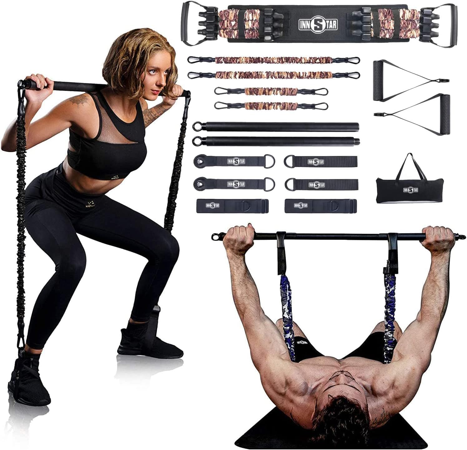 INNSTAR Portable Home Gym Set with Workout Bar, Bench Press Set, Squat Resistance Band, Door Anchor and More-Full Body Workout Equipment to Build Muscle and Shape Body (Men|200LB)