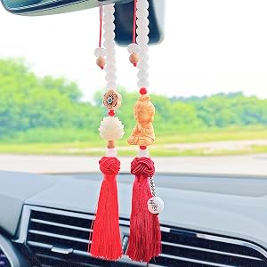 Buddha Rear View Mirror Accessories Hanging Charms, The Bodhisattva of Compassion with Tassels Car Hanging Ornament, Cute Car