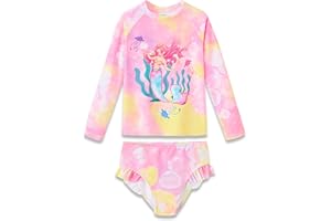 Dvenki Girls Long Sleeve Rash Guard One Piece Swimsuit - Mermaid Checker Face Zipper Front Toddler Bathing Suit 2T-10