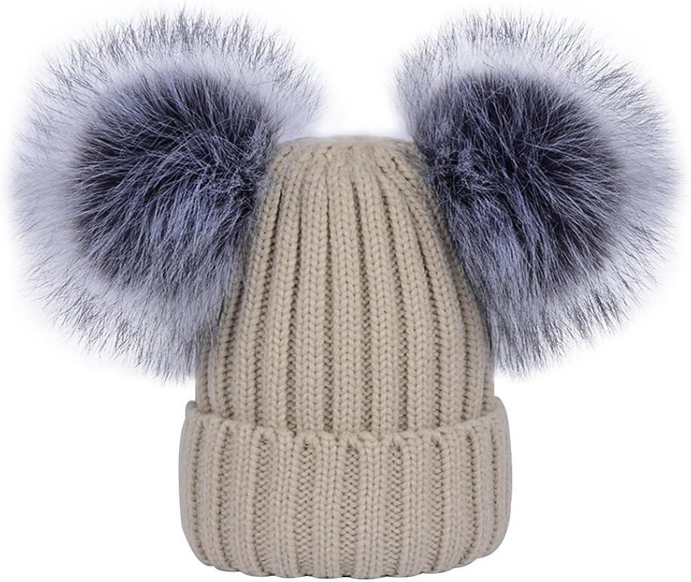 Youngsoul Women S Ribbed Winter Knitted Bobble Hat Double Faux Fur Pom Pom Beanie Beige Amazon Co Uk Clothing