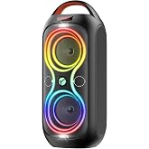 Portable Bluetooth Party Speaker, 60W Peak Power, Deep Bass &amp; LED Lights | Dual 4-Inch Woofers, Up to 12-Hour Playtime, Rechargeable Battery, Bluetooth 5.3, Karaoke Mic Input, TWS, USB, AUX &amp; FM Radio