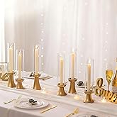 NUPTIO Gold Candlestick Holder for Centerpiece: Set of 6 Hurricane Taper Candle Holders with Glass Cylinder Sleeve - Bulk Brass Candles Stand for Thanksgiving Christmas Holiday Party Decor