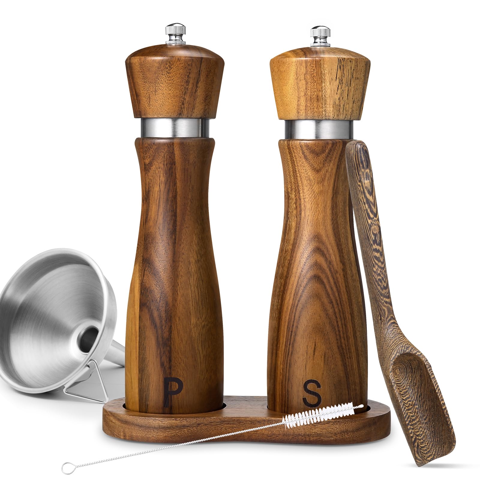 Photo 1 of 2 Pack Acacia Wood Salt and Pepper Grinder Set – 8” Manual Mills with Adjustable Ceramic Core, Stainless Steel, Tray, Spoon, Brush & Funnel – Rustic Wooden Gift Set for Kitchen or Table