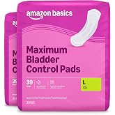 Amazon Basics Incontinence Pads for Women, Postpartum, Long, Maximum Absorbency, Bladder Control, Unscented, 78 Count (2 Packs of 39), Packaging May Vary