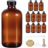 16 OZ Glass Bottles with Lids, 12 Pack Amber Boston Round kombucha Sample Bottles with Black Caps Perfect Glass Containers for Secondary Fermentation,Storing condiment,Homemade Essential Oils,kitchen