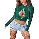 Avidlove Women's Long Sleeve Fishnet Top Sexy Cut Out Crop Short Hollow Out Top