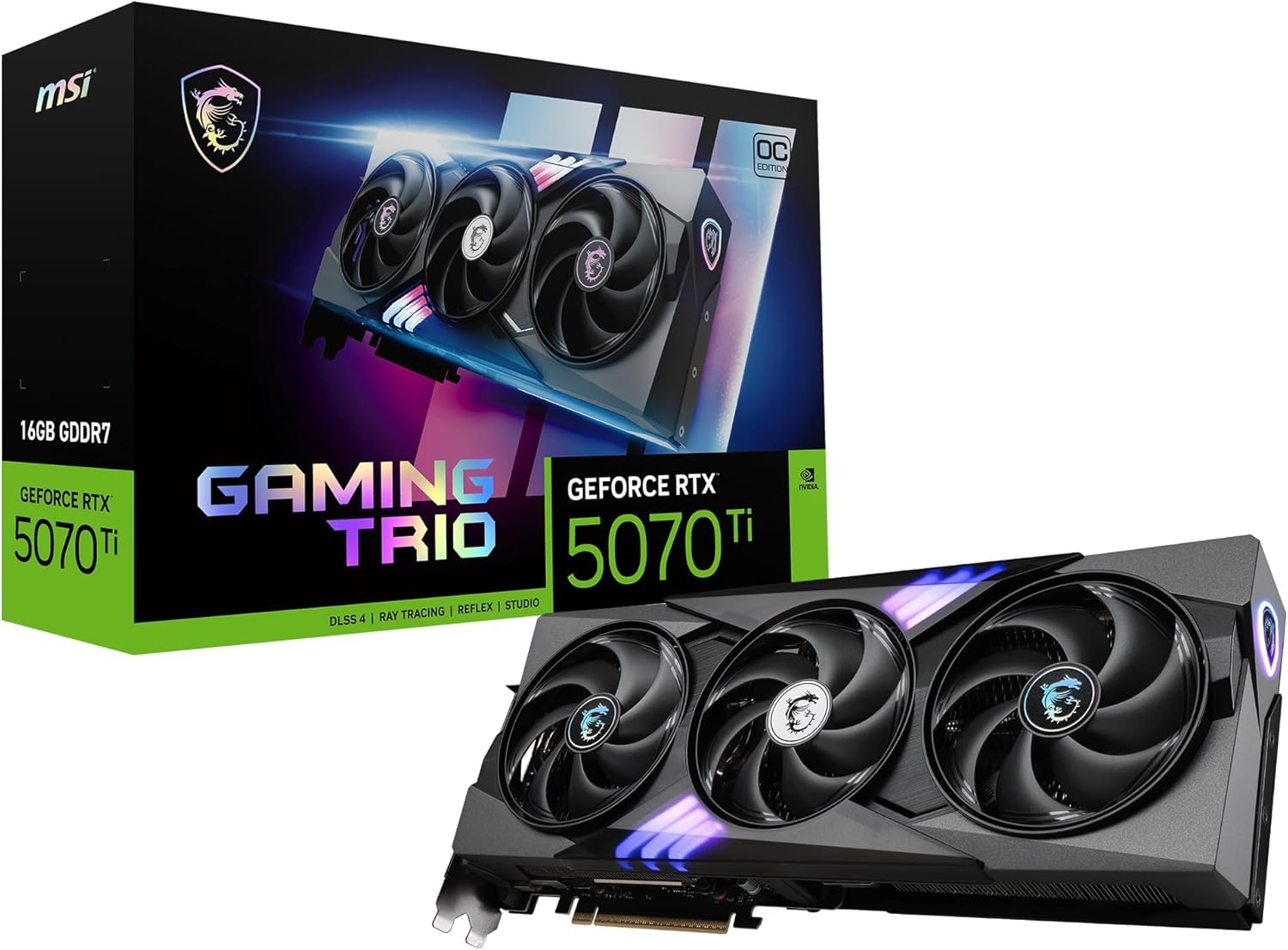 Tarjeta gráfica MSI NVIDIA GeForce RTX 5070 Ti 16G Gaming Trio OC Plus - 16 GB GDDR7 (28 GB/s, 256 bits), PCIe 5.0 - TRI FROZR 4 (3 x ventiladores STORMFORCE) - RGB - HDMI 2.1b, DisplayPort 2.1b