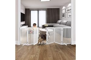 ZJSF Foldable Indoor Dog Gate for House Freestanding Dog Gates with Door Walk Through Wooden Extra Wide White Indoor Puppy Gate 6 Panels Tall Pet Gate Dog Fence 32''H