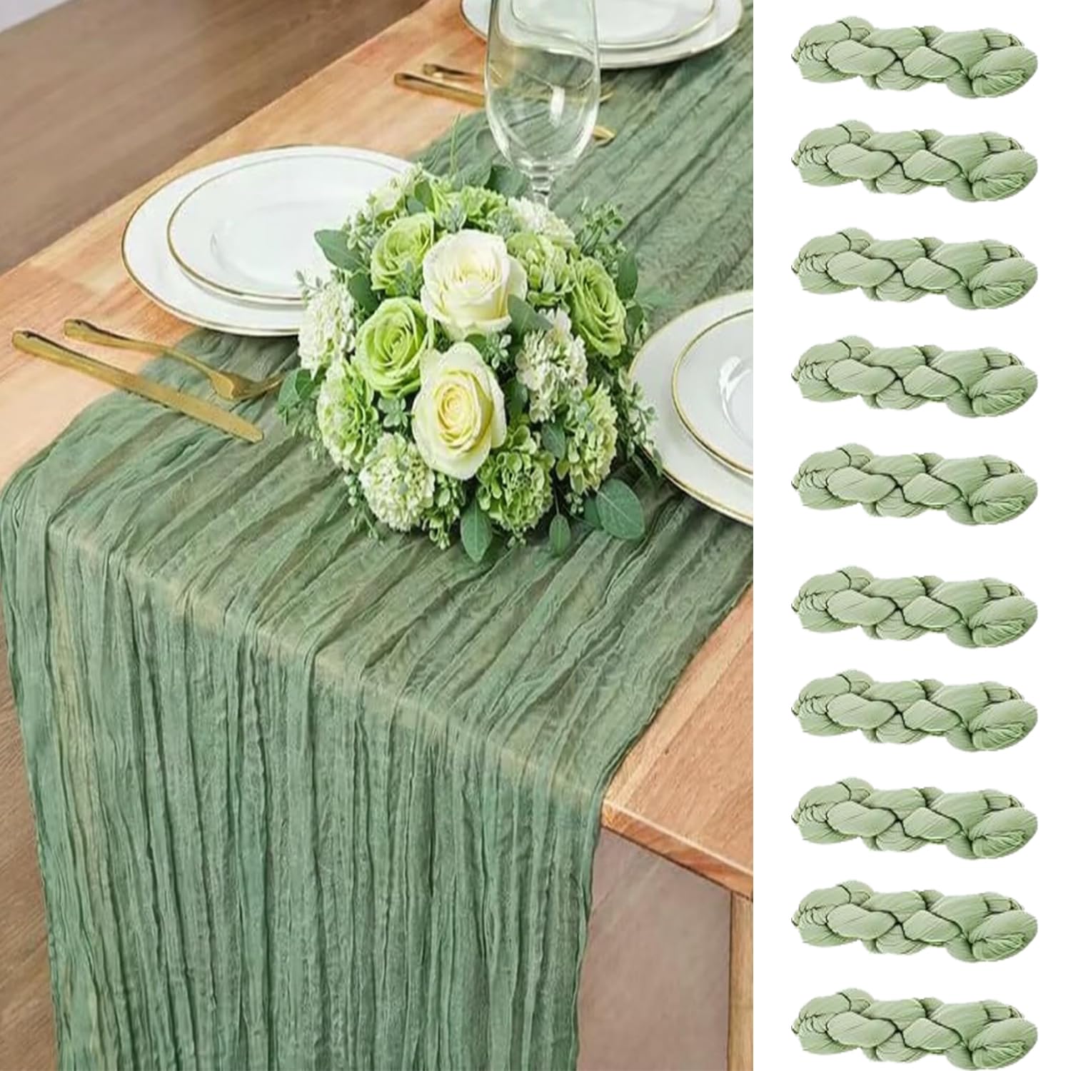 Photo 1 of 10 Pack Sage Green Spring Easter Cheesecloth Table Runner, 120 Inch Boho Gauze Table Runners, Rustic Sheer Cheese Cloth Table Runners for Wedding, Baby Shower, Birthday Party, Home Decor