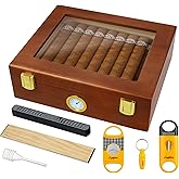 Cgaplus Cigar Humidor Box Desktop Cigar humidor with Hygrometer Humidifier Divider and Cigar Cutter Set Glass Top Cigar Box Holds 20-30 Cigars Wooden Humidor Cigar Box Brown