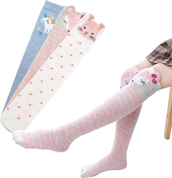 Amazon Giseii 靴下 キッズ 女の子 こども靴下 ニーハイソックス 子供 ソックスお姫様 ラブリー プリンセス 柔らかい かわいい 動物柄 綿 春 夏 秋 ワンサイズ 3足セット ピンク狐 ホワイト猫 ブール馬 ワンサイズ ソックス 通販