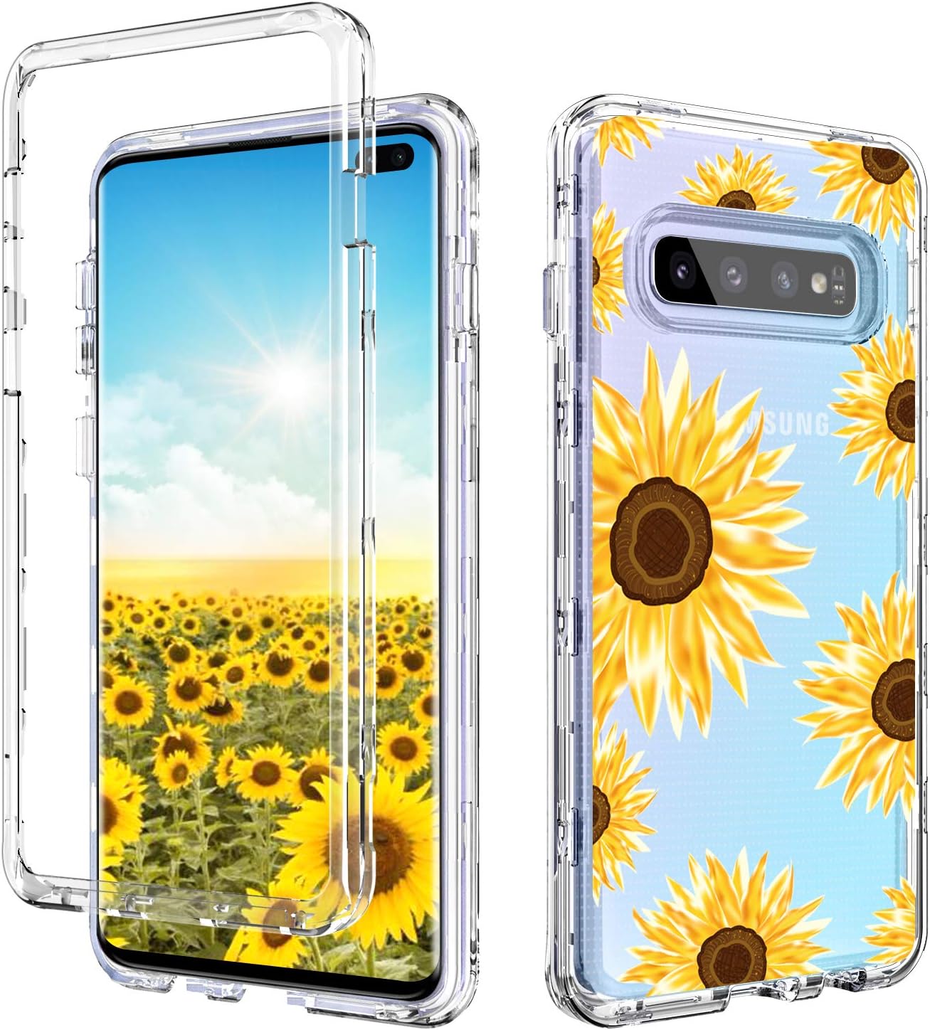 GUAGUA Galaxy S10 Plus Case Samsung S10 Plus Case Clear Transparent Sunflower Floral 3 in 1 Hybrid Hard PC Soft Rubber Cover Shockproof Protective Phone Case for Samsung Galaxy S10 Plus Yellow