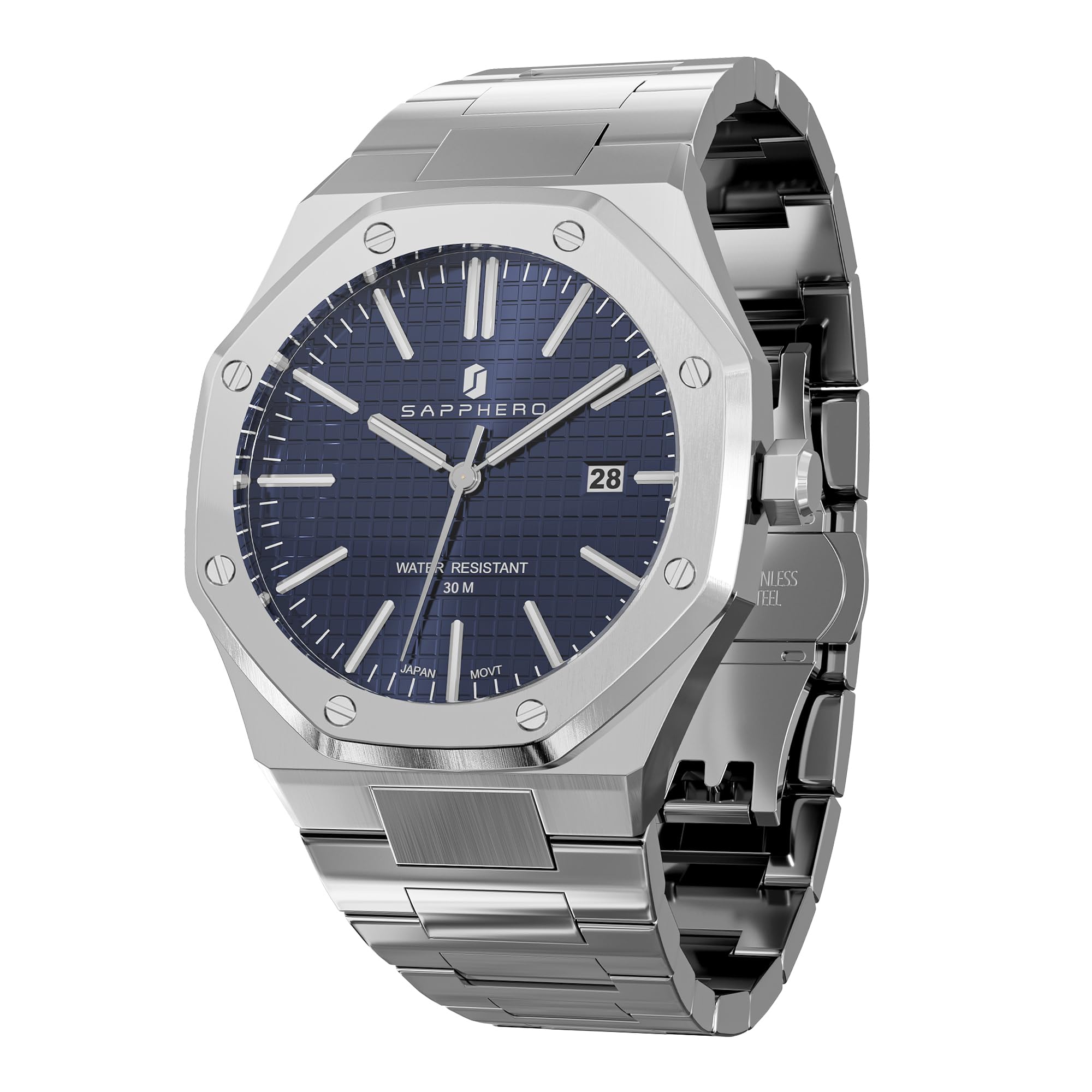 SAPPHERO Watches Men's 30M Waterproof Watch Men's Stainless Steel Octagonal Men's Watch Silver Quartz Japanese Movements Business Casual Luminous Watch with Date