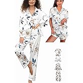 WJing Yi Jia 4Pcs Womens Silk Satin Pajama Sets Floral Pajamas Silky Pj Sets XS-2XL Button Down Pjs Set Loungewear Sleepwear