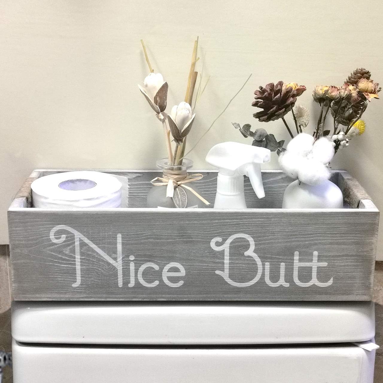 nobrand Farmhouse Rustic Wood Organizer, Bathroom Decor Box or Diaper Organizer, 2 Sides - Funny Box, Hello Sweet Cheeks with Funny Sayings (Grey): Home & Kitchen