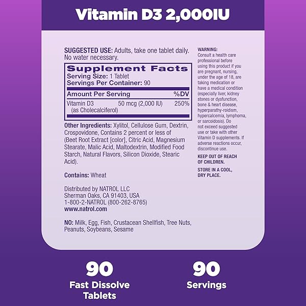 NATROL FAST DISSOLVE VITAMIN D3 2,000 IU, DIETARY SUPPLEMENT FOR BONE AND JOINT HEALTH, BONE SUPPORT SUPPLEMENT, 90 TABLETS, 90 DAY SUPPLY