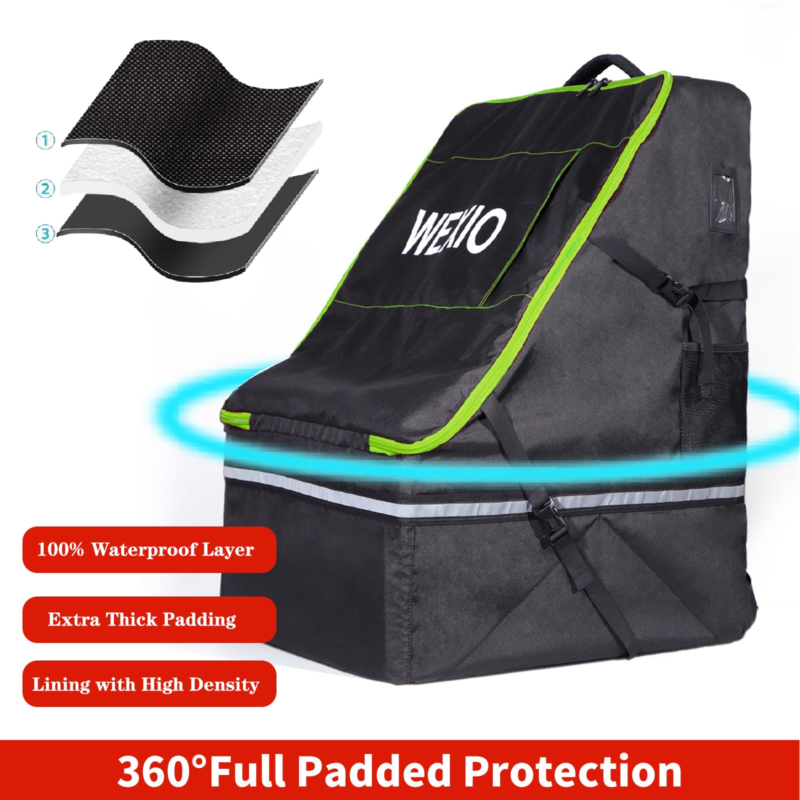 WEXIO 360° Padded Car Seat Travel Bag for Airplane, 1OO% Waterproof CarSeat Travel Backpack for Air Travel，Universal Fit for Graco Chicco Britax Evenflo Cybex Maxi Cosi Peg，20