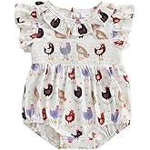 SHUING Farm Animal Outfits Baby Girl Chicken Print Flying Sleeve Smocked Bubble Romper Bodysuit Todddler Farm Clothes Summer