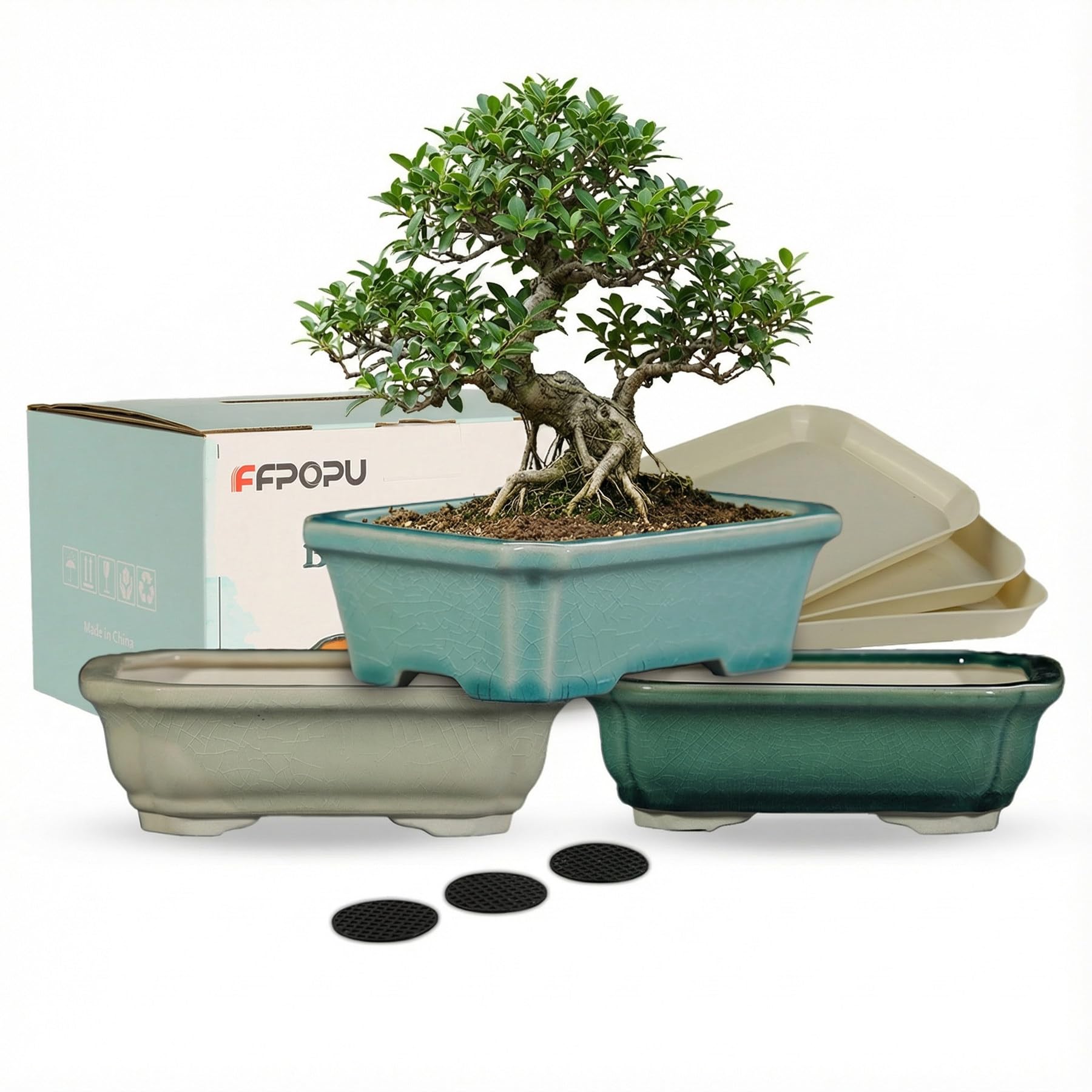 FFPOPU Small Ceramic Bonsai Pots with Drainage Tray, 3 Picks 6-inch Bonsai Tree Pot with Ice Cracked Glaze, Mini Bonsai Planter Pot for Desktop Decoration of Dwarf Trees, Succulents, and Small Plants