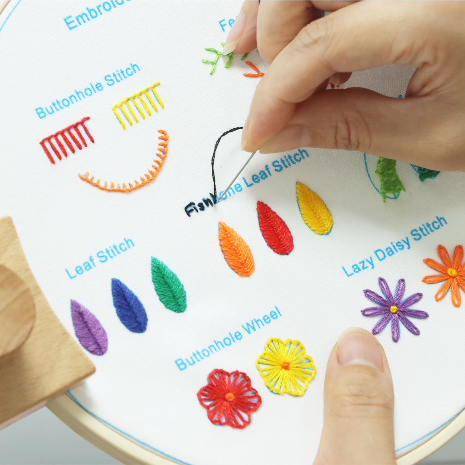 RidaaFri Embroidery Kits for Beginners, Embroidery Stitches Practice Kit, Hand Beginner Embroidery Kit with 23 Different Stitch for Adults and Kids, Includes Bamboo Hoop, Cloth, Needles, Scissors