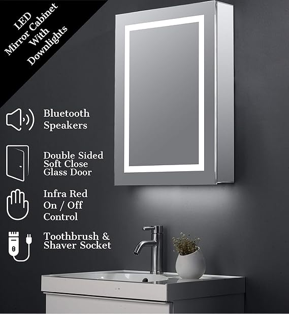 Keenware Kbm 304 Led Bathroom Mirror Cabinet With Shaver Socket Bluetooth Speakers Internal Pull Out Shaver Make Up Mirror 700x500mm Silver Amazon Co Uk Diy Tools