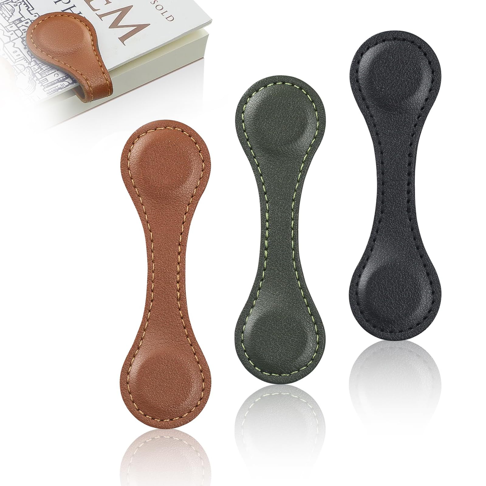 TELAIN Set of 3 Magnetic Leather Bookmarks, Vintage Bookmarker Clips for Book Lovers, Men, Women, Children, Timeless Book Accessories (Dark Brown, Green, Black)