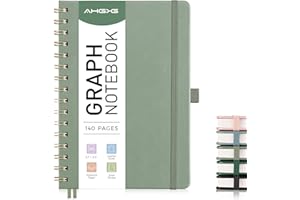 AHGXG Graph Paper Notebook - Spiral Notebook Hardcover Leather Journal 140 Pages, A5 Grid Paper Notebook 5.7" x 8.3", 100 gsm Thick Paper, for School Writing Graphing Engineering, Sage Green