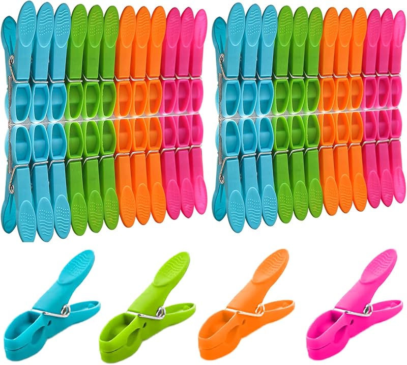 VEGCOO 48 Pcs Plastic Clothes Pegs with 4 Colours Stainless Spring Durable