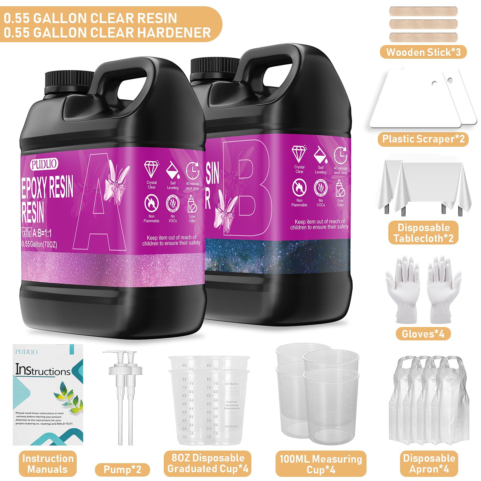 Puduo Epoxy Resin Kit 1.1Gallon，Newly Formulated Crystal Clear Epoxy Resin，Strong, Bubble-Free, Anti-Yellowing Art Resin That，Suitable for Casting, DIY, Resin Art, Molds, Easy to Mix 1:1 Ratio