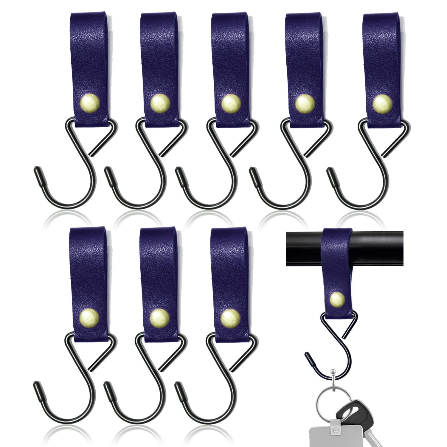 Modixun 8pcs Leather S-Hooks, S Shaped Hooks for Hanging, Camping Clips, Stroller Holders, Leather Fasteners for Coat Towel Kitchen Bathroom, Blue