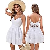 HTZMO Women Casual Summer Floral Mini Sundress V Neck Bow Tie Backless Flowy Cute Graduation Boho Beach Short Dress