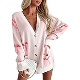 Saodimallsu Womens Oversized Cardigan Sweaters Bow Printed Button V Neck Long Sleeve Loose Knit Fall Trendy Coats