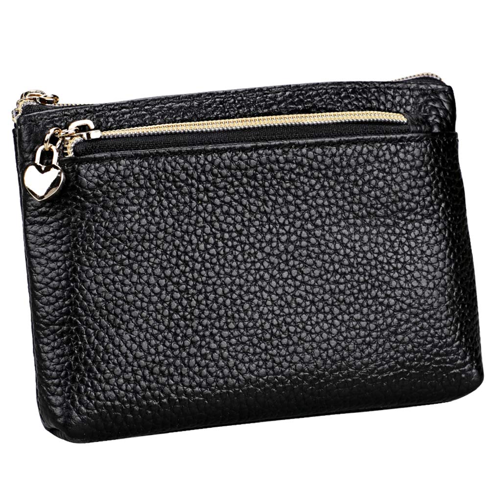 HXT-OAK Leather Wallet with Key Ring Small Coin Purse Mini Wallet Heart Zipper Wallet with 3 Compartments for Banknotes and Cards Black
