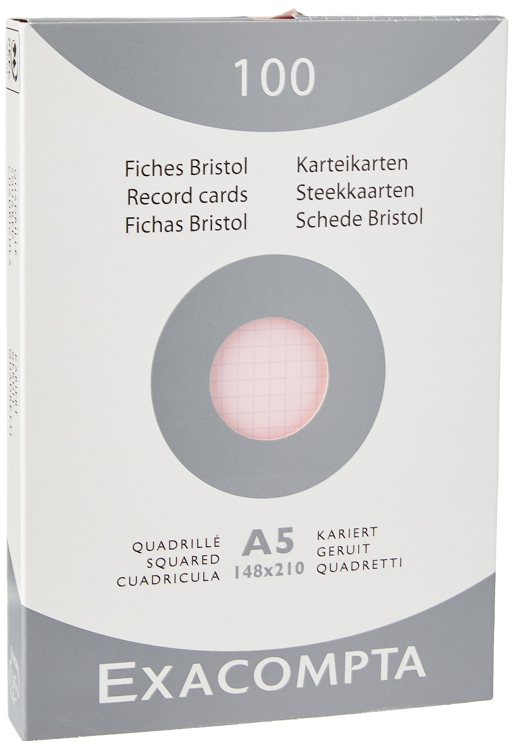 Exacompta - Ref 13238E - Bristol Squared Record Cards (Pack of 100) - A5 in Size, 205gsm Card, Compatible with Printers - Suitable for Exam Revision & Notes - Pink