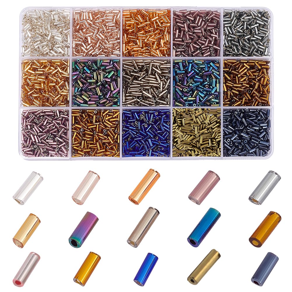 PH PandaHall 3330pcs Glass Bugle Beads, 15 Colors Metallic Tube Seed Beads Long Tube Beads Waist Beads Loose Spacer Beads Craft Beads for Earrings Bracelets Necklaces Jewellery Making, 4/5/6mm