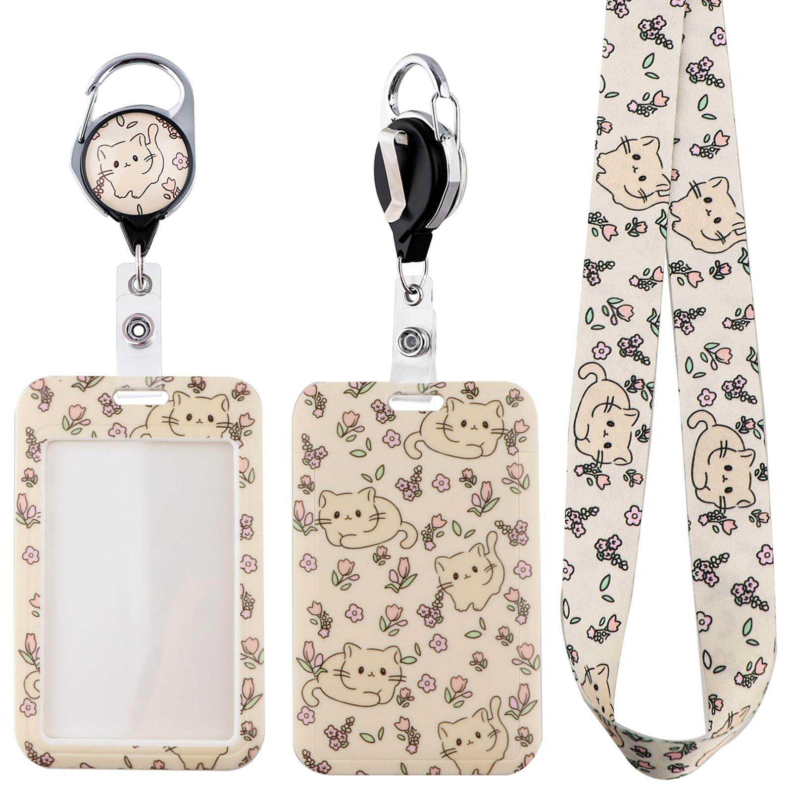 Juanooo Cute Cats ID Lanyard Card Holder & Retractable Badge Reel Clip Aesthetic Floral Keychain Lanyard for Women Girls Kids for ID Badges & Keys Preppy School ID — image 1