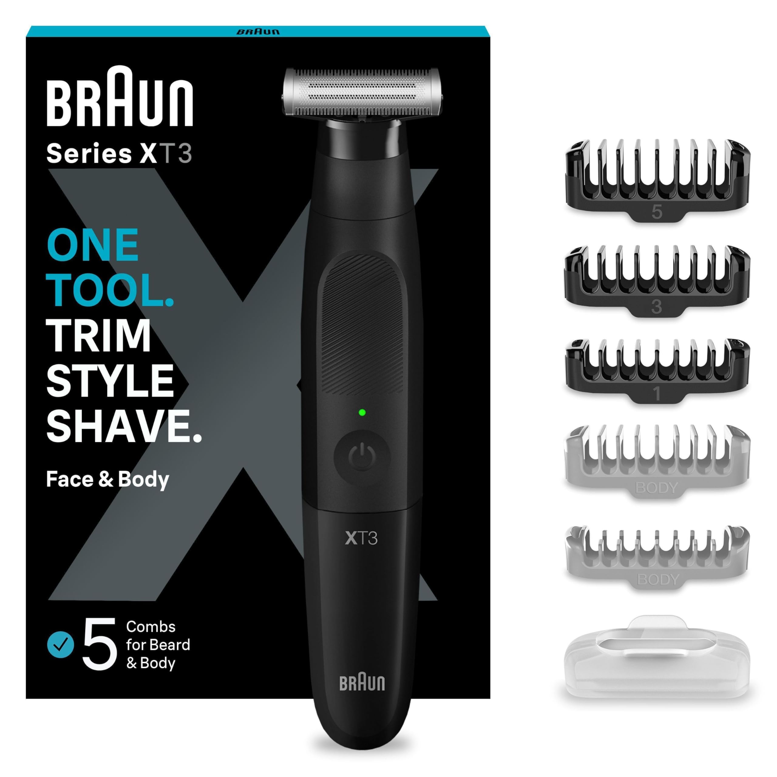 Braun Series XT3 Gesicht & Körper, Elektrischer Rasierer, Barttrimmer & Bodygroomer, 7 Zubehörteile, Körperrasierer mit Sensitiv Kammaufsatz, 45 Min Akku, Wasserdicht, XT3200, Schwarz