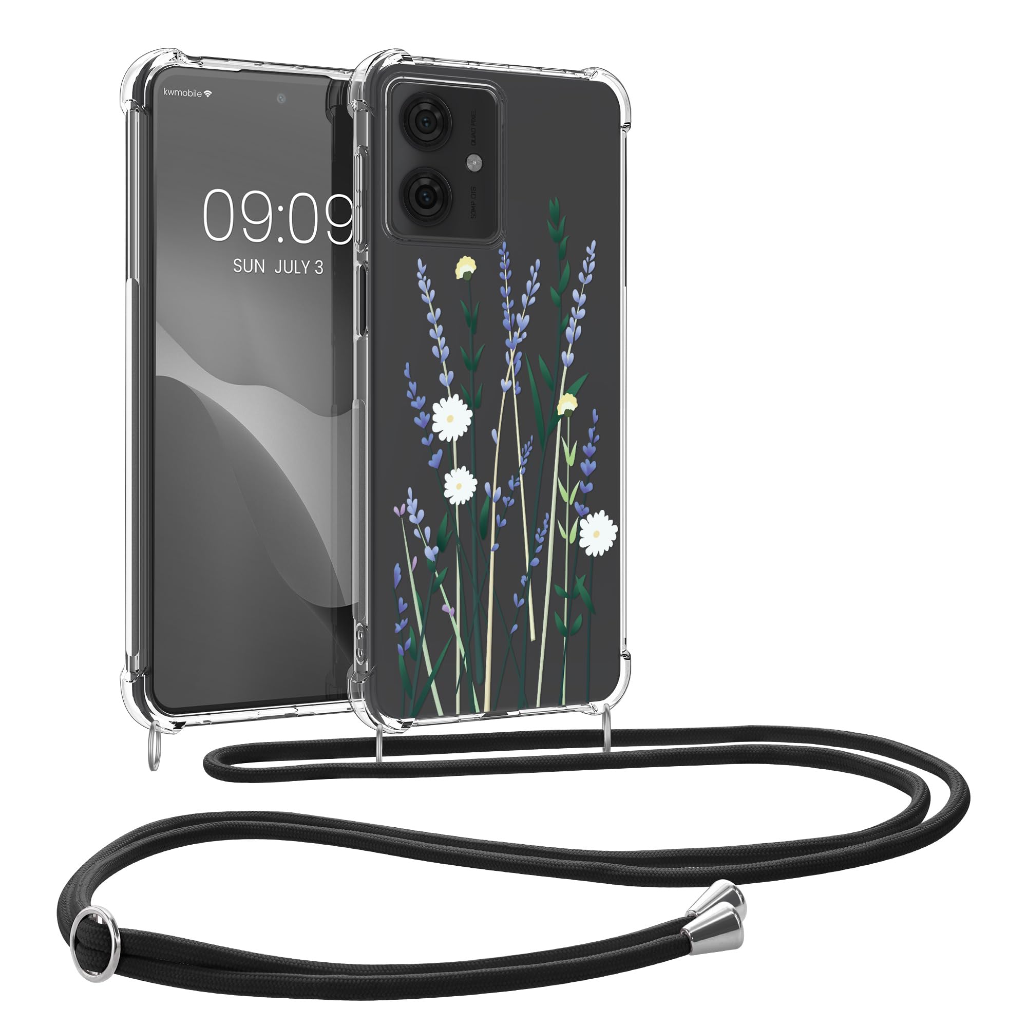 kwmobile Crossbody Case Compatible with Motorola Moto G64 5G Case Strap - Wild Flowers Lavender/Green/Transparent