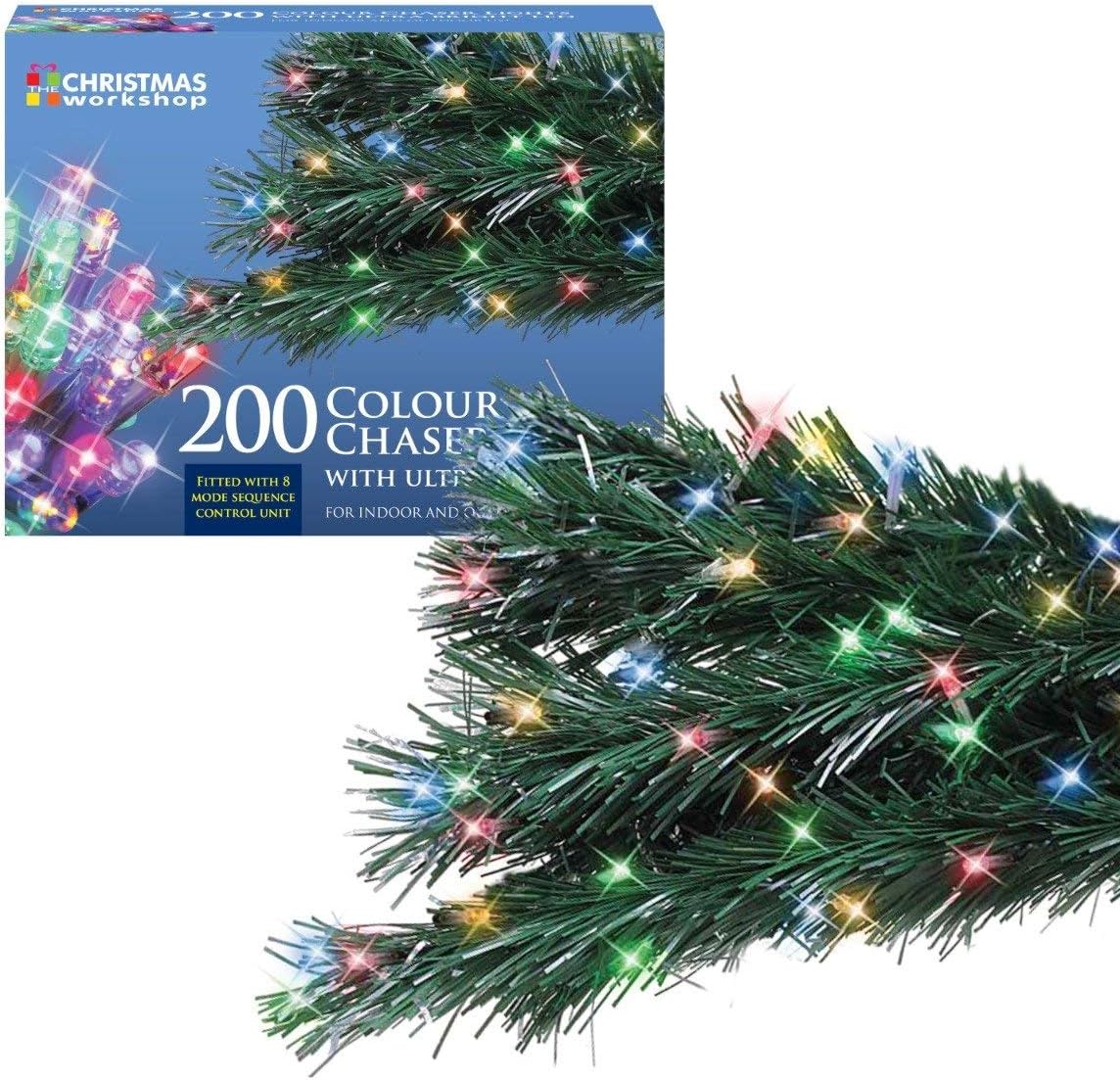 The Christmas Workshop 77490 200 Led Multi Coloured Chaser Christmas Lights Indoor Outdoor Fairy Lights 13 9 Metres 8 Light Modes Christmas Weddings Gardens Amazon Co Uk Garden Outdoors