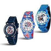 Marvel Captain America 3-Pack Watch Set for Kids Ages 4–7 – Featuring Shield, Action Pose and Star Dial Designs – Red, Blue and Black Bezels with Matching Nylon Straps – GET 2 Mystery Bonus Watches