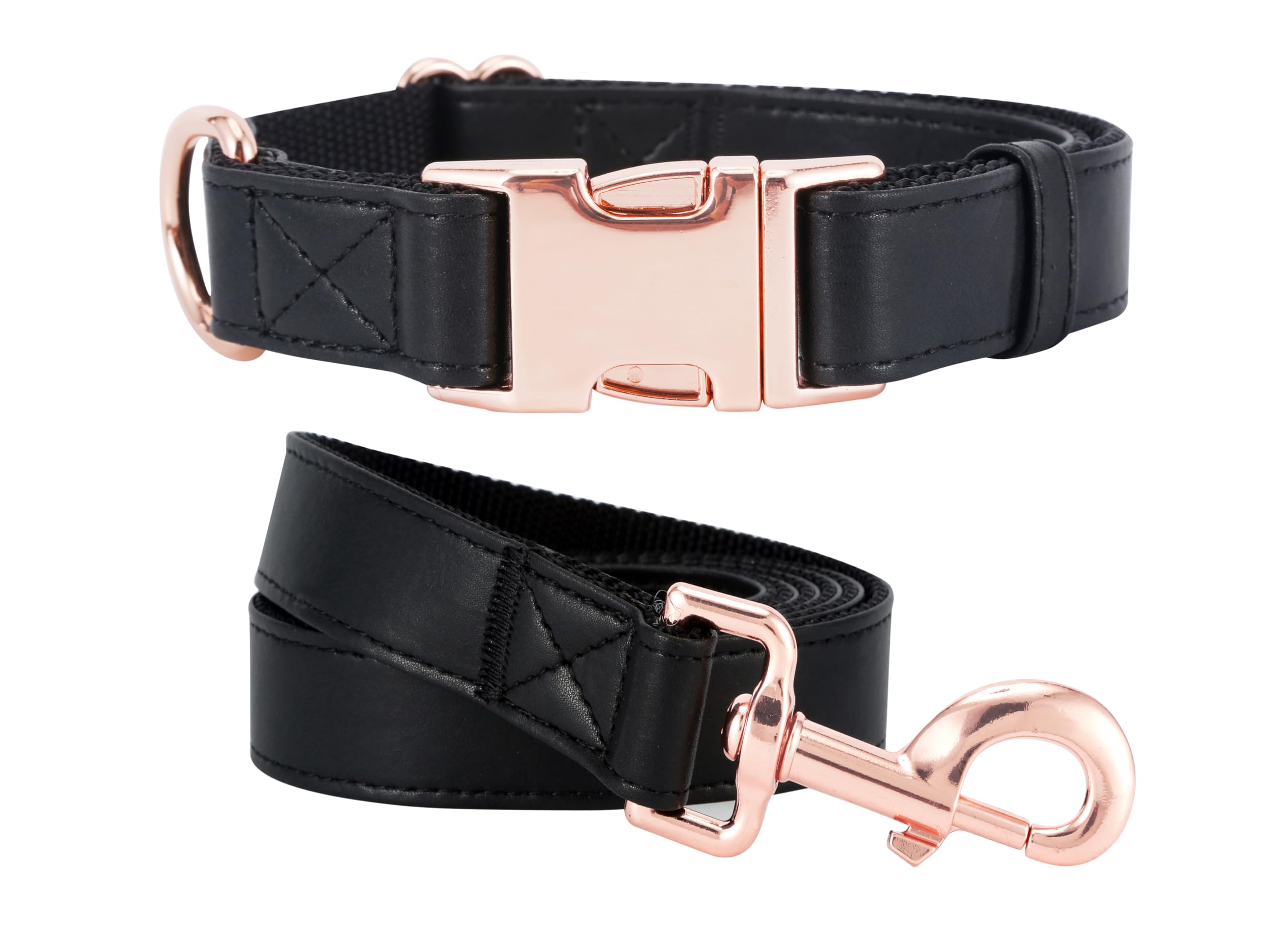 Dog Collar and Leash Set.Soft and Easy to Clean Vegan Leather with Rose Gold Metal Buckle for Small Medium Large Dogs (S(12.2"-16.9"), Blark)