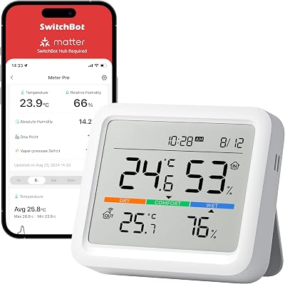 Hygrometer Thermometer Innen, Temperatursensor mit Datum/Wettervorhersage/Intelligenter Warnung, Kostenloser Datenspeicher-Export, SwitchBot Hub und Außenmeter erforderlich für Wetterstation