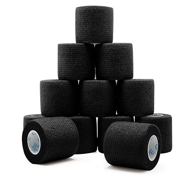 OK TAPE 12 ROLLS SELF ADHESIVE BANDAGE WRAP, ELASTIC ATHLETIC TAPE, SELF STICK BANDAGE TAPE, VET WRAP, MEDICAL WRAP FOR WRIST, FEET, 2″ X 5 YARDS – BLACK